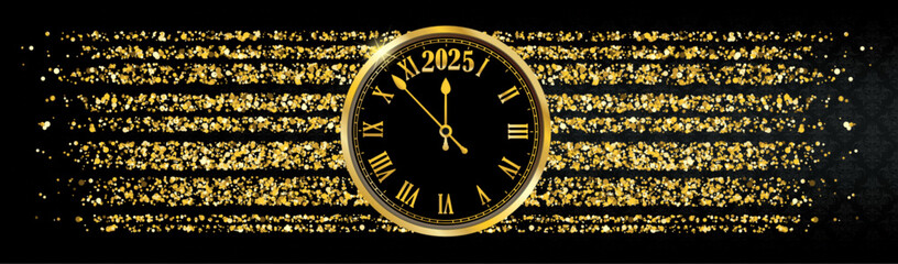 Fototapeta premium Long Black Banner Ornaments Clock 2025 Centre Gold
