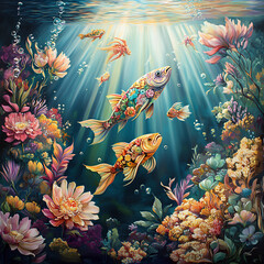 A vibrant underwater scene inspired by spring. Fish with a flower pattern on their scales and a coral reef like a meadow of flowers. Sunlight penetrates the water