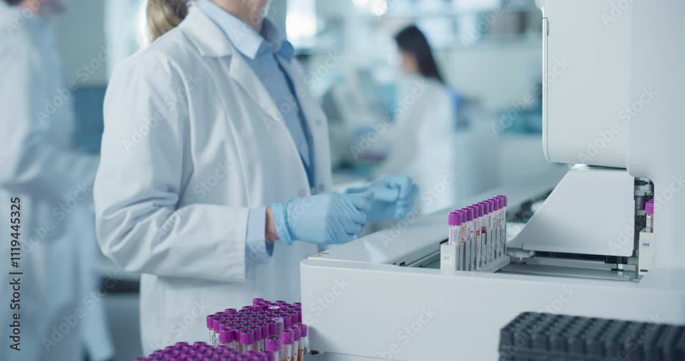 Poster skilled laboratory technician operating advanced diagnostic equipment, processing blood samples. clo