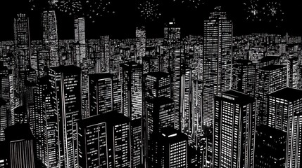 New Year Eve, tall buildings reflecting the faint glow of distant fireworks, surrounded by darkened streets.