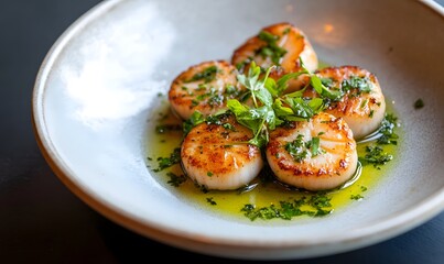 Seared Scallops in Herb Oil, Generative AI 