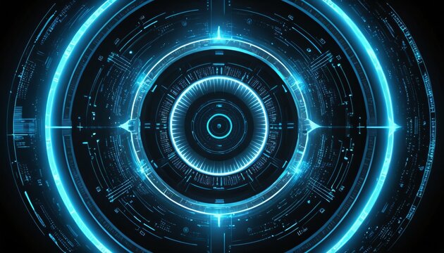 High Tech Cybersecurity Concept with Neon Blue Data Rings for desktop wallpaper