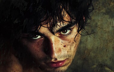 Mysterious Gaze: Portrait of a Young Arab Man with Green Eyes in Chiaroscuro Lighting  