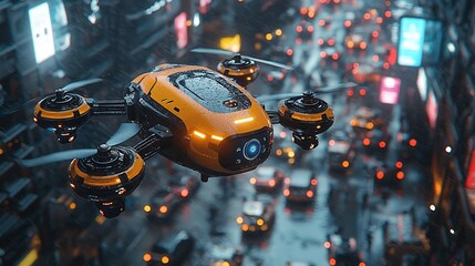 Delivery drone navigating a busy urban environment wideangle shot capturing its precision and efficiency as it delivers packages in a futuristic setting
