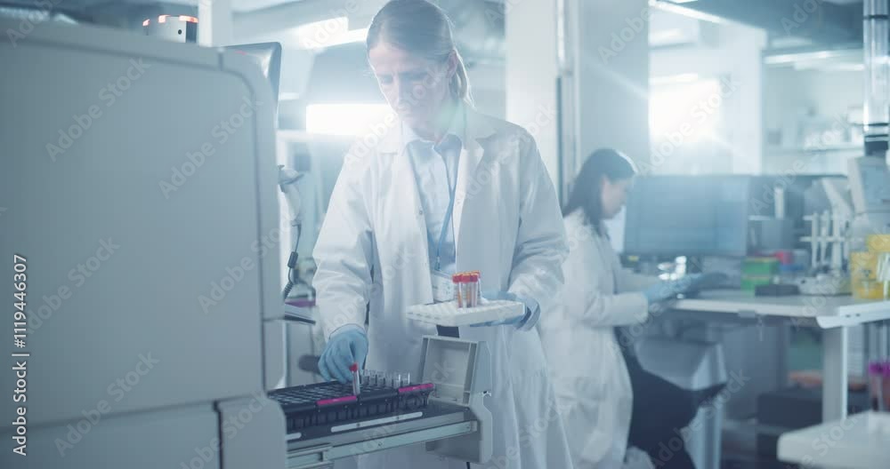 Aufkleber female hospital doctor in white lab coat operates advanced testing machine, carefully loading a tray
