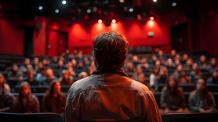 Fototapeta premium A man stands in front of a crowd of people in a theater