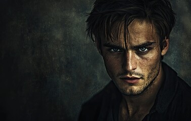 Fototapeta premium Mysterious Gaze: Portrait of a Young Arab Man with Green Eyes in Chiaroscuro Lighting