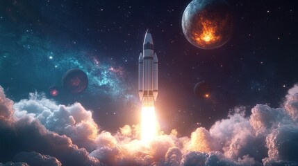 Fototapeta premium Rocket Ascending Through Clouds Towards Distant Planets