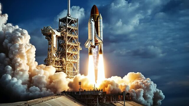 A rocket launches from a platform, surrounded by clouds and smoke, symbolizing space exploration.