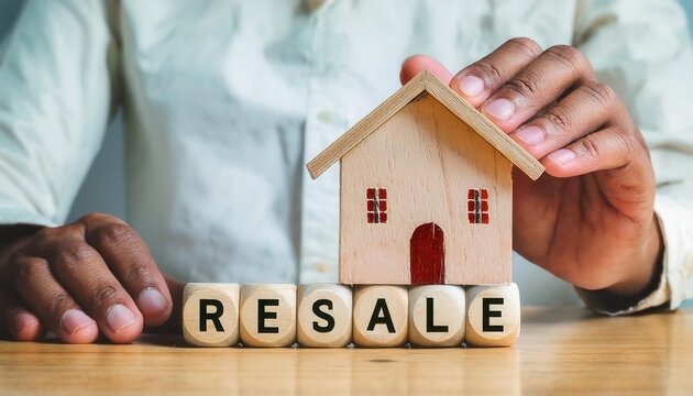 Hand holding a wooden house model with resale blocks.