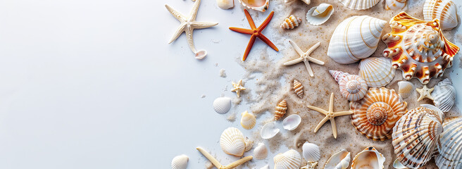 Obraz premium A banner with sand, starfish, and shells on background with scattered white seashells. Perfect for summer travel and beach themed designs.