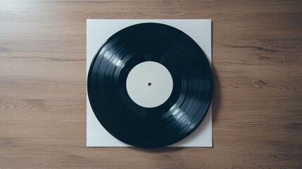 A flat lay view of a half EP vinyl record with a blank label, set against a black wooden background from an overhead angle, with space for adding text.