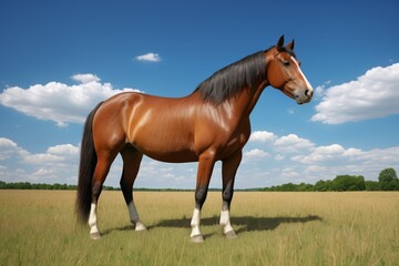 Fototapeta premium there is a brown horse standing in a field of grass