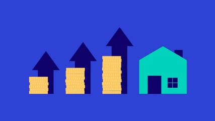 Animated coins, house icons and graphic arrows on a blue background, perfect for property and financial growth themed content.