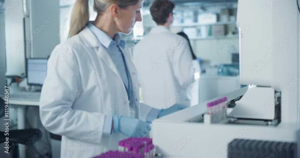 Poster portrait of a female bioengineer at work in a modern medical research facility. scientist in a white