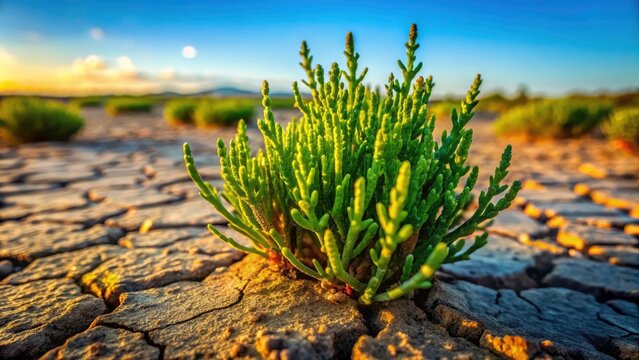 Low Light Close-up Photography: Europaea Plant on Cracked Ground - Glasswort, Samphire, Sea Asparagus