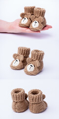 Handmade knitted baby booties on light background. Isolated