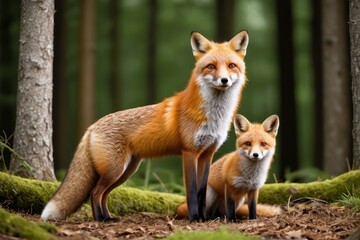 Fototapeta premium there are two foxes standing in the woods together