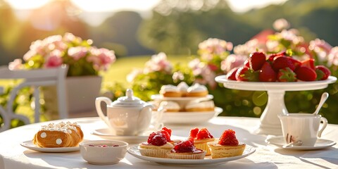 Outdoor summer tea party relaxing with strawberries in the garden