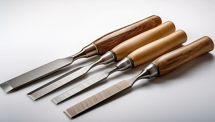 A set of chisels with wooden handles, resting on a clean white surface. These chisels are used for carving or shaping wood, making them essential tools for woodworking and crafting.