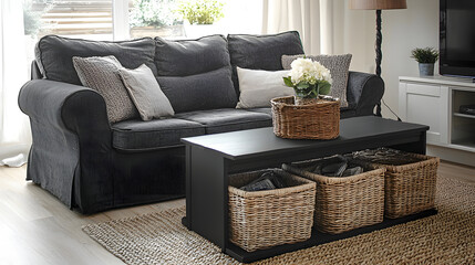 Obraz premium sophisticated living room featuring charcoal gray sofa, stylish coffee table with woven baskets, and decorative pillows, creating cozy atmosphere