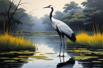 Fototapeta premium painting of a crane standing in a pond with lily pads