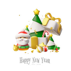 Happy New Year holiday 3D plastic vector poster design, Santa Claus figurine, Christmas trees, candy cane in gift box