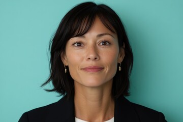 Fototapeta premium Confident businesswoman smiling on turquoise background