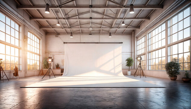 Photo studio in a large warehouse, industrial building, green plants, lovely light, cyclo, camera
