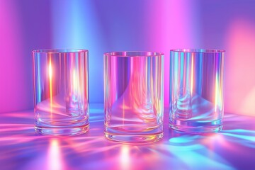Abstract 3d render of light emitter glass with iridescent holographic neon vibrant gradient texture. Design element for banner, background, wallpaper, header, poster or cover