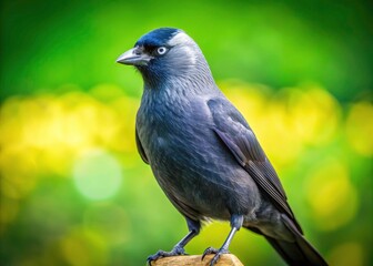Obraz premium Minimalist Western Jackdaw Photography: Blue-Eyed Bird on Road Sign, Green Background