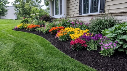 Vibrant flower bed landscaping with colorful blooms and mulch bordering a green lawn next to a house.