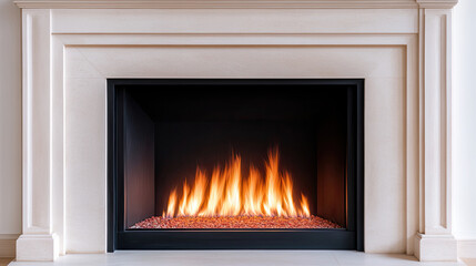A modern fireplace with a sleek design, featuring vibrant flames and decorative stones, set in a minimalist white surround, creating a warm ambiance.