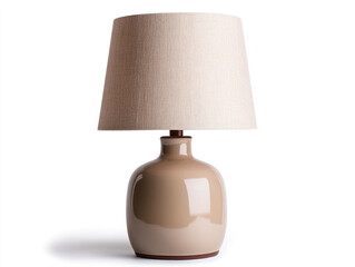 A stylish table lamp with a glossy beige base and a textured fabric shade isolated on white background