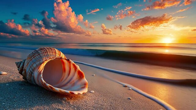 A seashell rests on a sandy beach at sunset, with waves gently lapping at the shore.