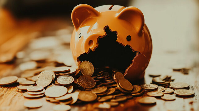 Broken piggy bank with coins scattered around, symbolizing financial struggle and the need for careful budgeting and saving.
