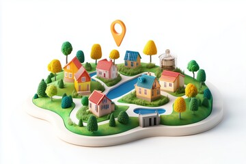 Colorful 3D map with houses, trees, and a location pin on a white isolated background. 