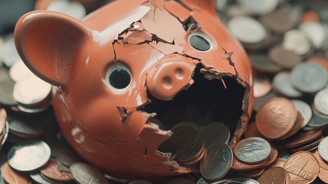 Broken piggy bank with coins scattered around, symbolizing financial struggle and the need for careful budgeting and saving.
