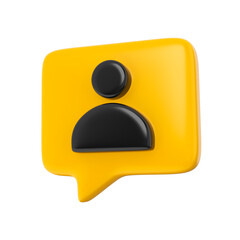 Yellow speech bubble with black user member icon sign or avatar mark. Concept of personal account. 3d rendering