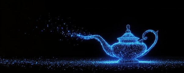 Digital blue magic lamp with sparkling particles on black background