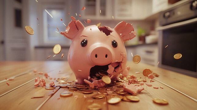 Broken piggy bank with coins scattered around, symbolizing financial struggle and the need for careful budgeting and saving.
