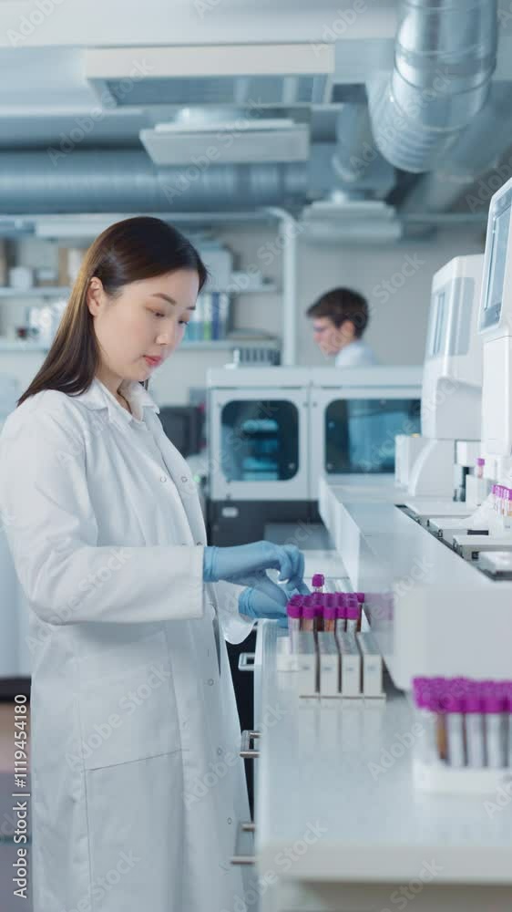 Poster vertical screen: biochemists collaborating in a laboratory. asian female researcher loading test tub