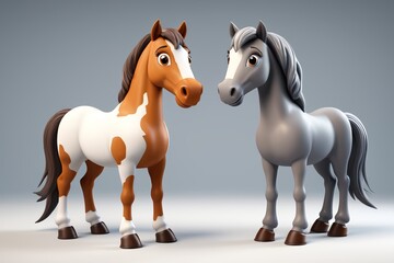 there are two horses standing next to each other on a gray background