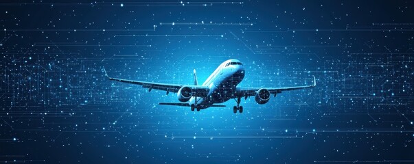 Naklejka premium Digital blue background with airplane in futuristic design