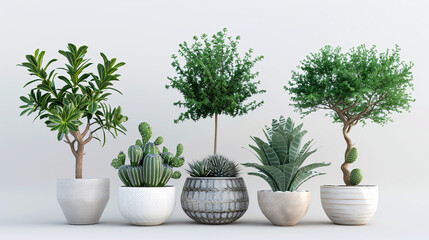 Fototapeta premium Dragon Trees, Pencil Cactus, Rubber Tree: 3D illustrations of ornamental plants in pots.