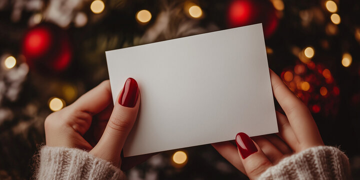 Biglietto di auguri bianco tenuto in mano da una donna. Sfondo sfocato di Natale. Spazio per testo o messaggio.