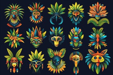 Naklejka premium A lively Brazilian cultural scene filled with carnival masks, vibrant feathers, samba dancers in colorful costumes, and exotic tropical flowers, evoking the excitement
