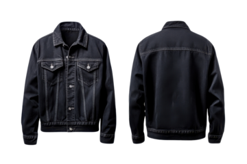 Black denim jacket, front and back views isolated on transparent background