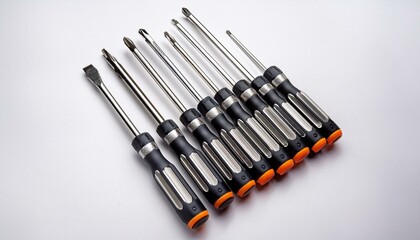 Fototapeta premium A set of professional screwdrivers arranged neatly on a white background.