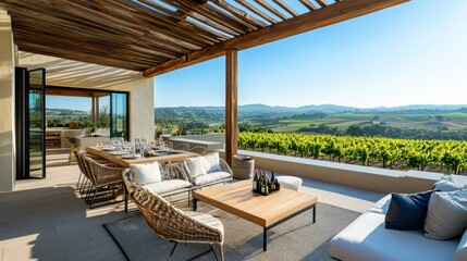 Obraz premium Chic rooftop terrace with a wooden pergola for shade, a contemporary dining area, and breathtaking views of a vineyard-covered valley